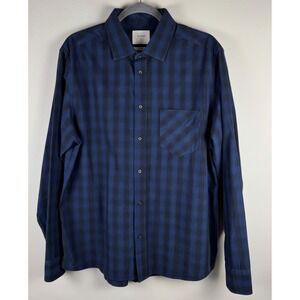 Billy Reid Mens Navy Blue Black Shadow Plaid Cotton Standard Fit Shirt Large